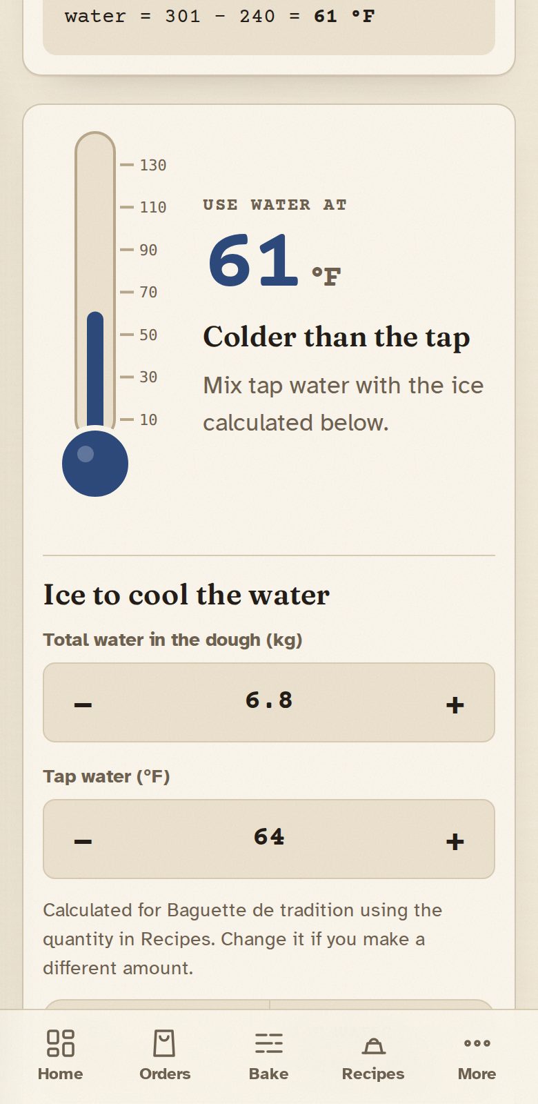 Water temperature calculator on a phone, with a thermometer and the split of degrees