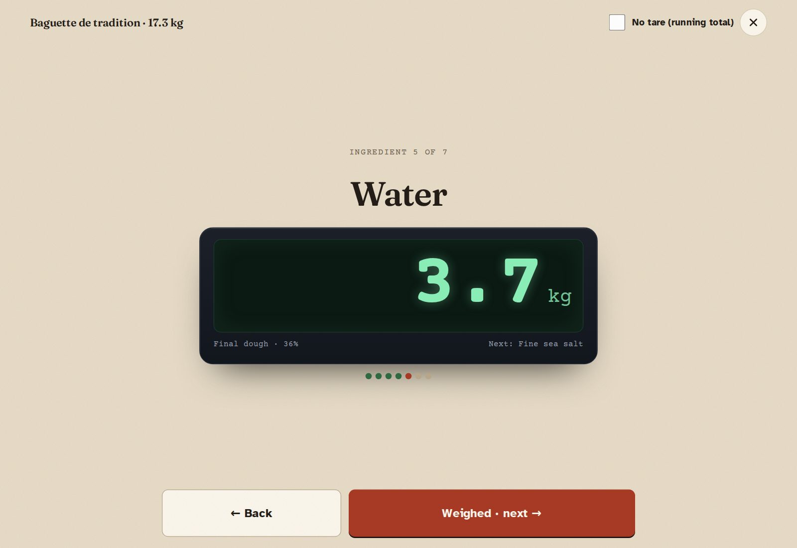 Weighing mode: the screen shows the next ingredient weight in large numbers, like a scale, with the one after it below