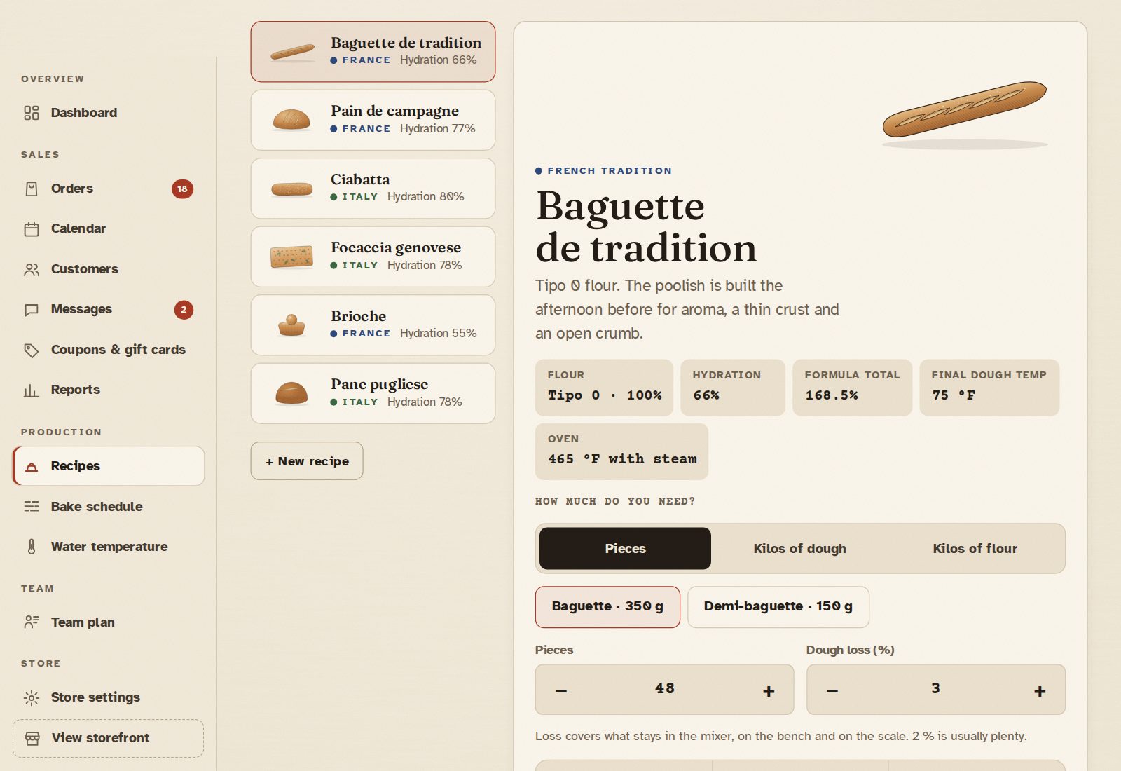 Recipes on a tablet: poolish baguette scaled to 48 pieces, with the poolish shown as its own stage and the first ingredients checked off