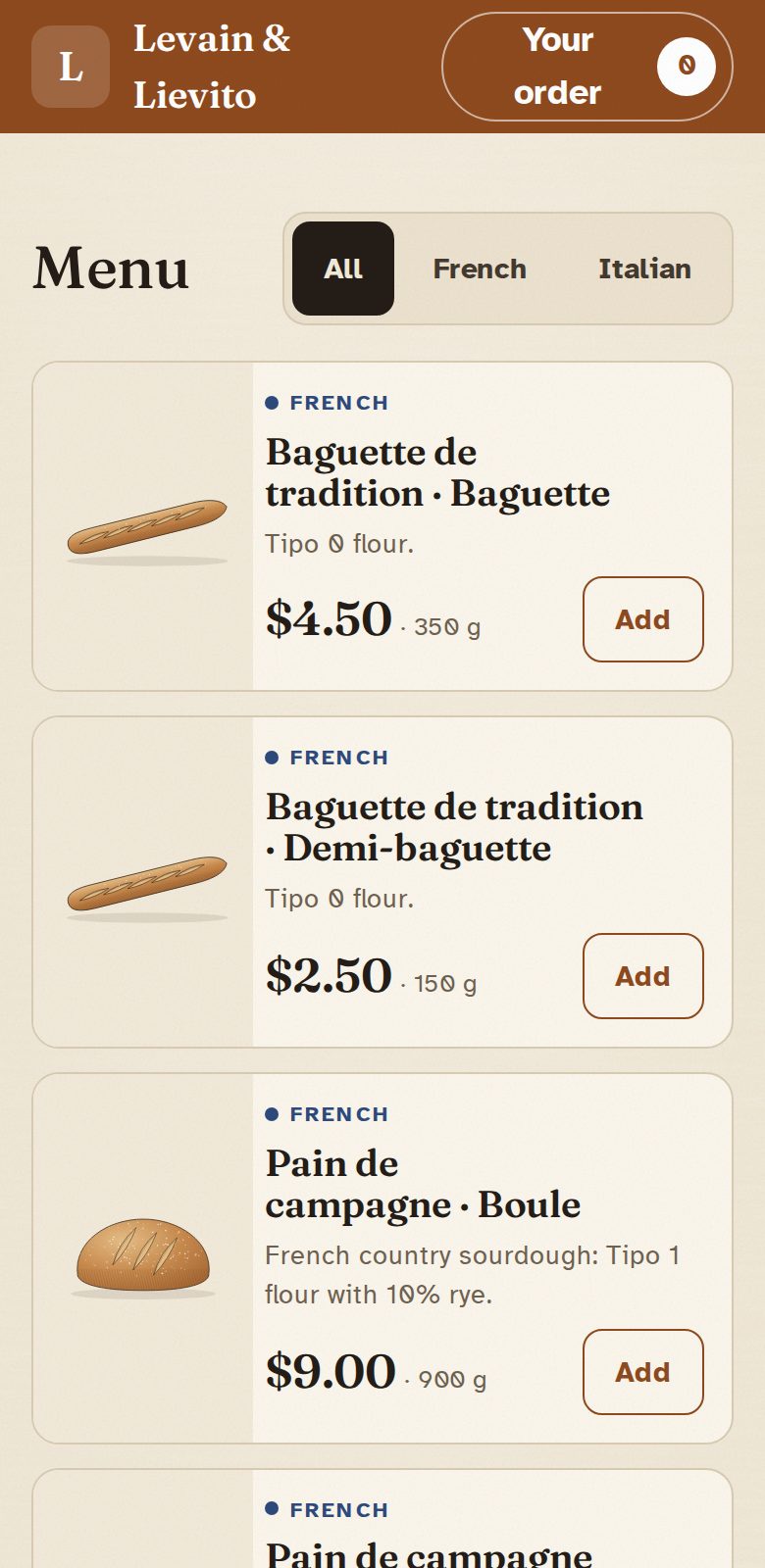 The bakery’s storefront on a phone: menu with French and Italian breads, prices and Add buttons